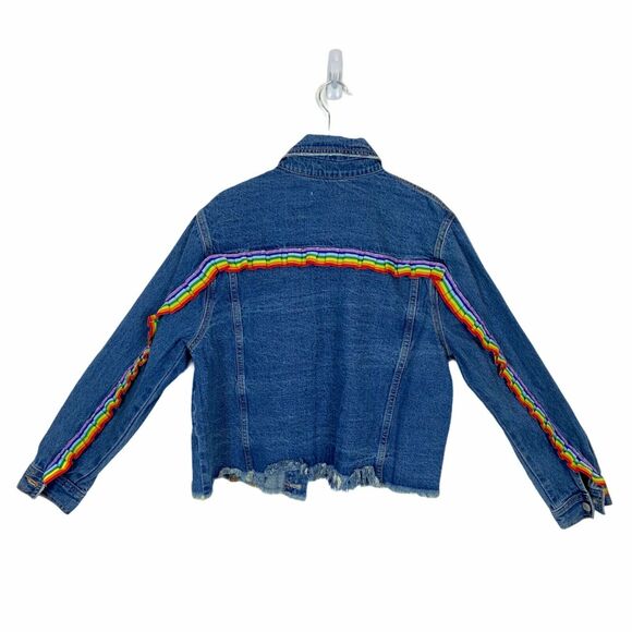 Rainbow Ruffle Jean Jacket Sunset & Spring Blue Denim Ribbon Trim Size Small New - Picture 2 of 12